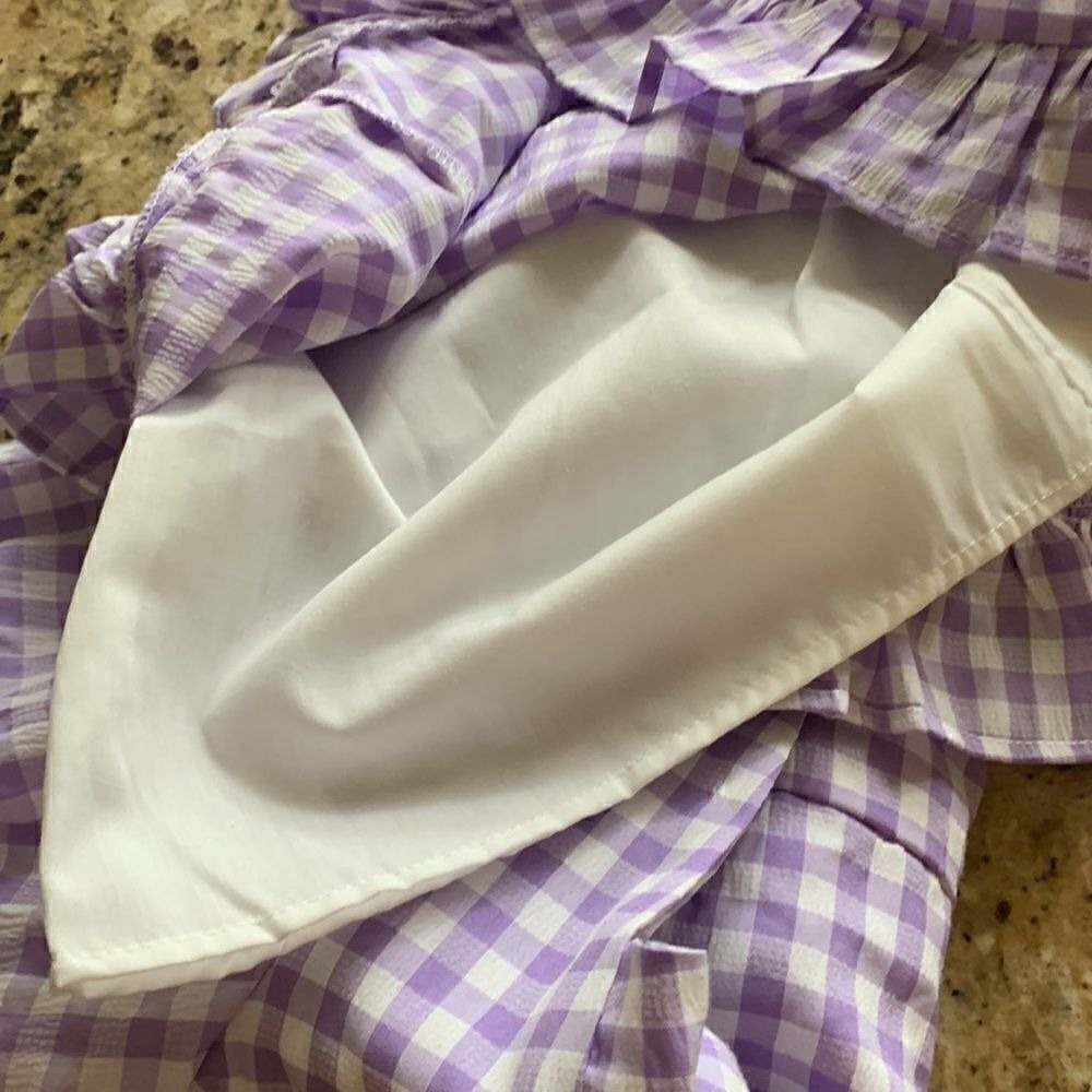 NWT Gingham Mini Lined Dress‎ Purple Puff Sleeves ruffle small Cottagecore - Picture 4 of 9